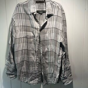 Perry Ellis 100% linen subtle grey taupe plaid long sleeve  Shirt XXL